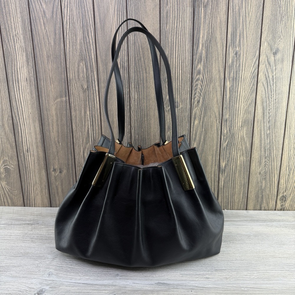Ulla Johnson Black Calf Leather Pleated Shoulder Tote Bag Gold Hardware Italy